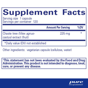Supplement facts label for Pure Encapsulations Chaste Tree extract 225mg, vegetarian capsule.