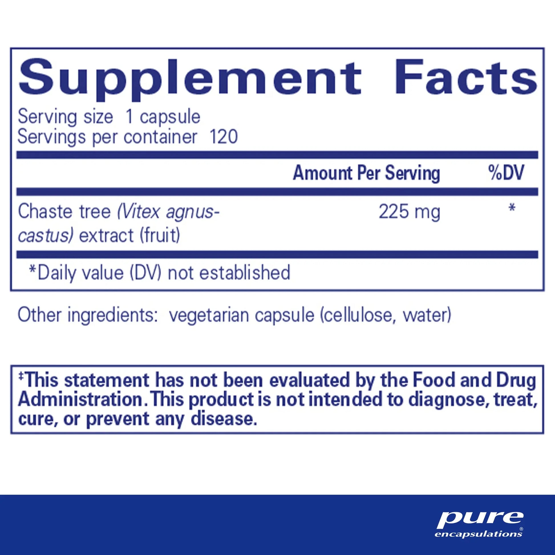 Supplement facts label for Pure Encapsulations Chaste Tree extract 225mg, vegetarian capsule.