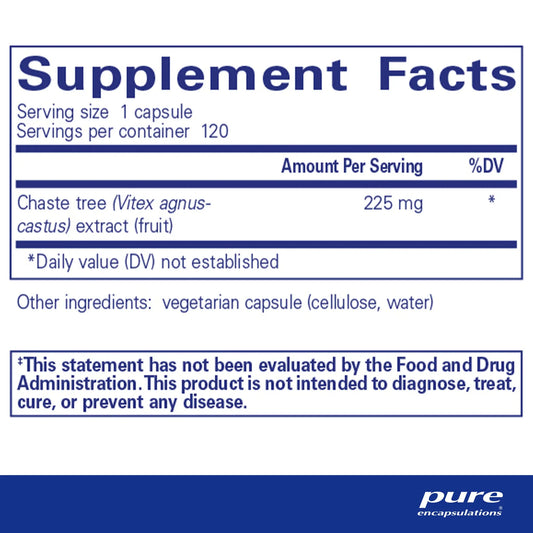 Supplement facts label for Pure Encapsulations Chaste Tree extract 225mg, vegetarian capsule.