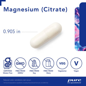Magnesium citrate supplement capsule, 0.905 in size, gluten free, non-GMO, soy free, dairy free, vegetarian, vegan by Pure Encapsulations at Emagene Life.