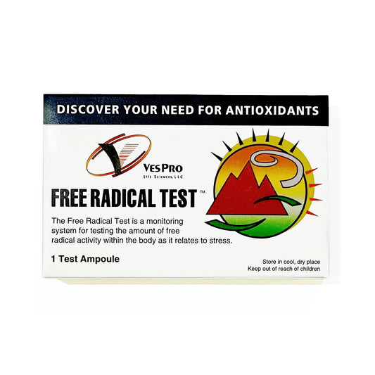 Free Radical Test kit box for antioxidants by VesPro, with colorful mountain and sun icon