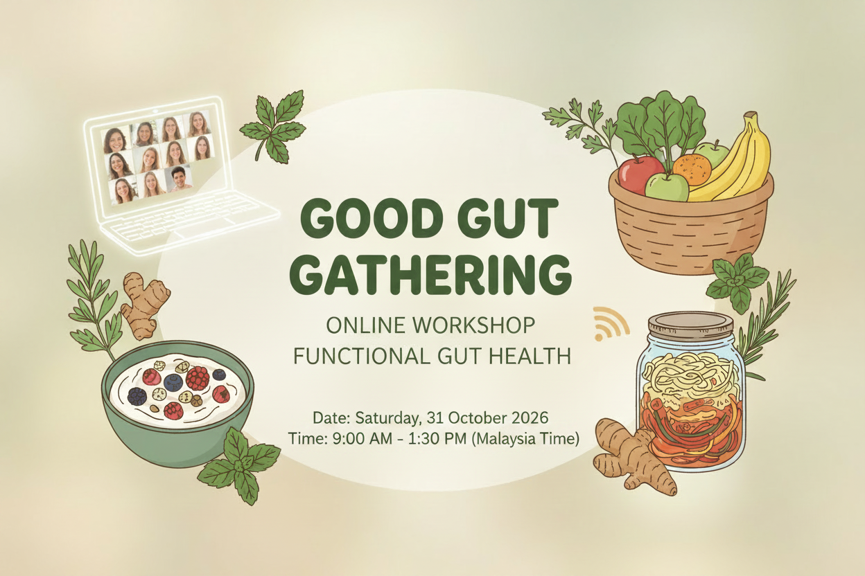 Promotional graphic for an online workshop titled 'GOOD GUT GATHERING' focused on functional gut health, with illustrated food items, herbs, a laptop showing a video call, and event details on a warm beige background.