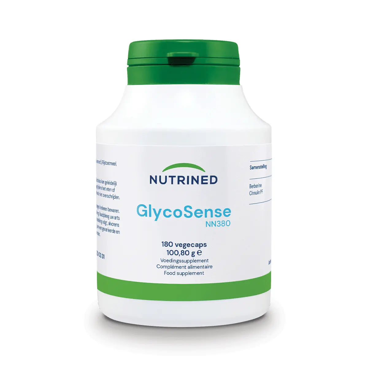 NUTRINED GlycoSense NN380 supplement bottle with green cap, 180 vegecaps, product on white background