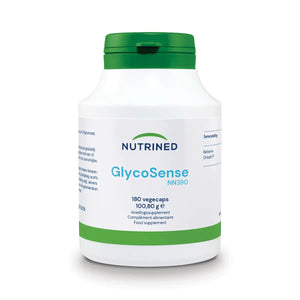 NUTRINED GlycoSense NN380 supplement bottle with green cap, 180 vegecaps, product on white background