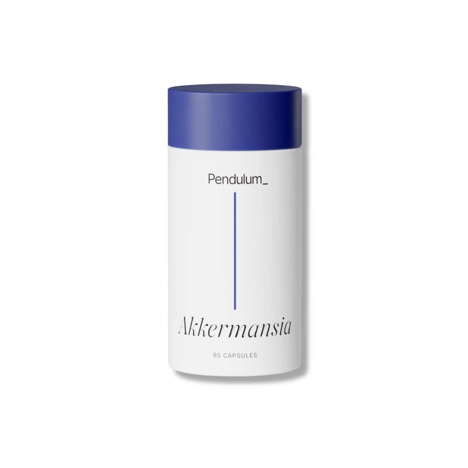 White container with blue lid labeled 'Pendulum Akkermansia' on a white background
