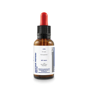 Brown glass dropper bottle labeled GUTTAE PEPSINI food supplement, 30 ml, on white background