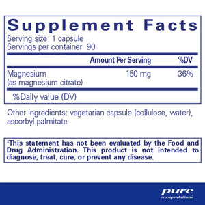 Magnesium citrate supplement facts label, Pure Encapsulations, 90 capsules, Emagene Life