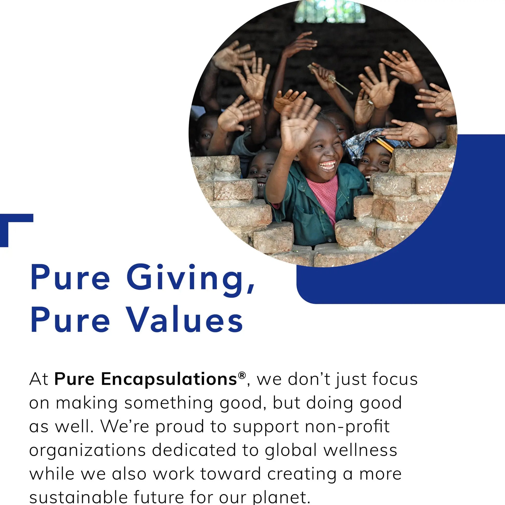Smiling children waving behind bricks, Pure Giving Pure Values text, Emagene Life wellness initiative