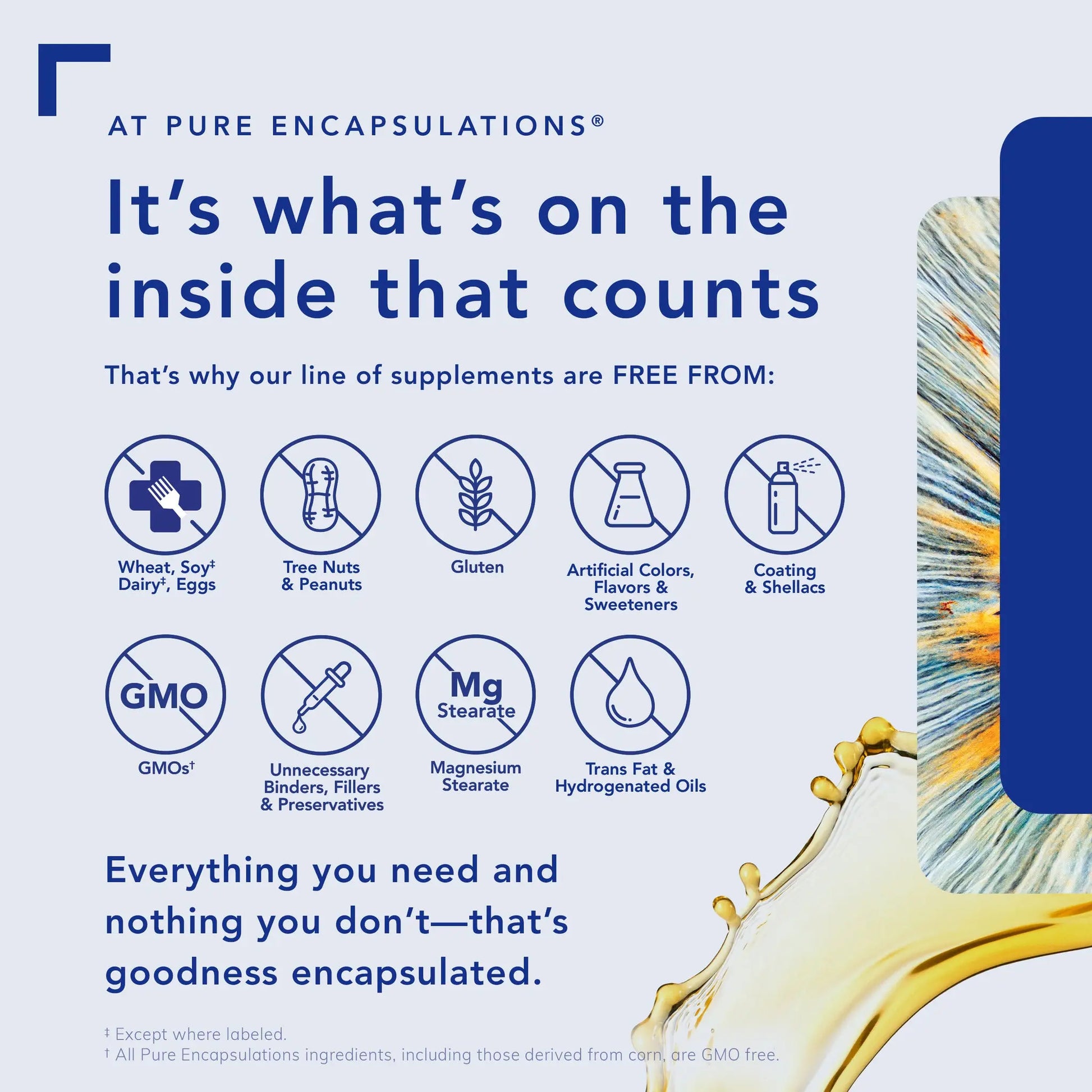Pure Encapsulations supplement banner listing free-from ingredients like gluten, GMOs, and dairy.