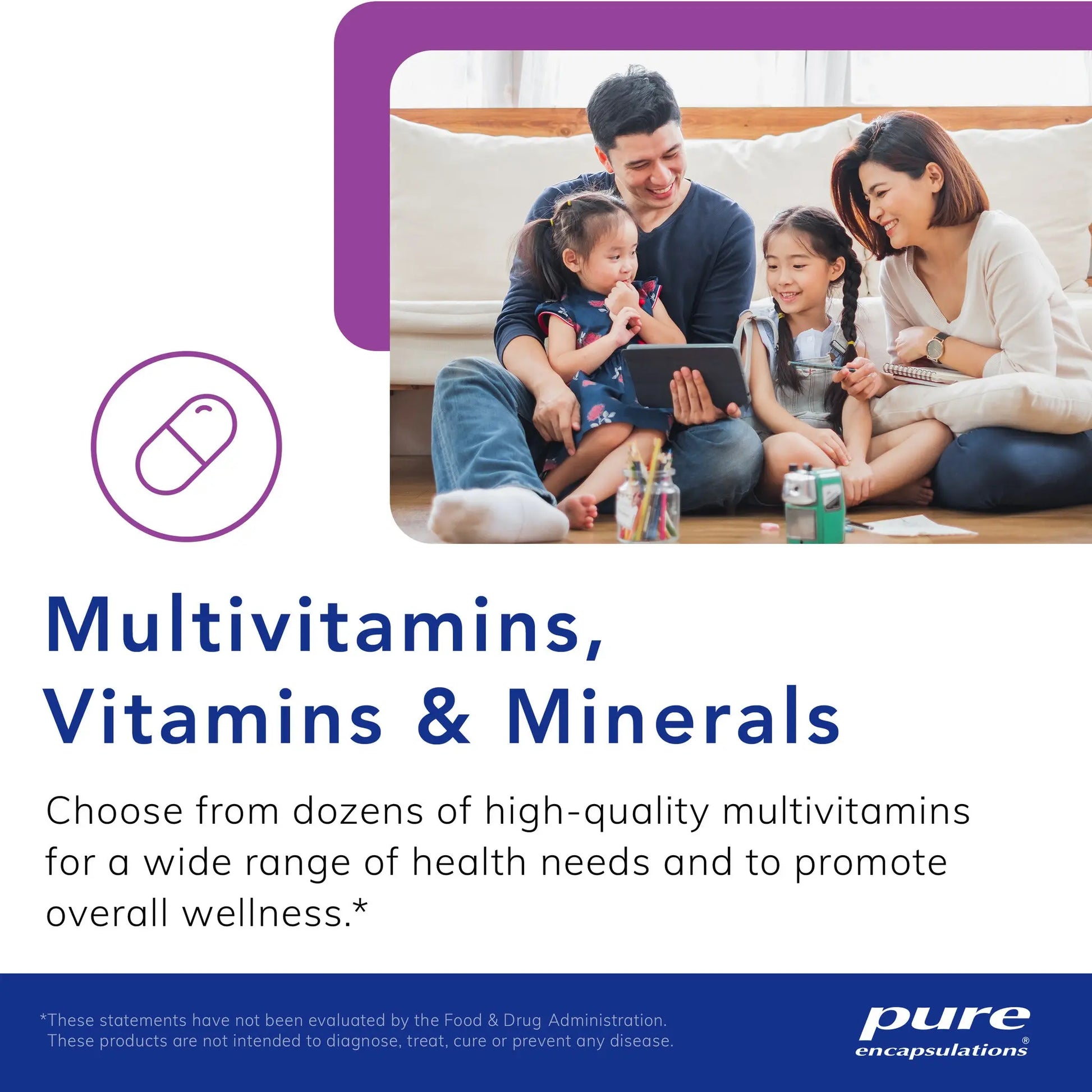 Happy family with children using tablet, promoting Pure Encapsulations multivitamins and wellness.