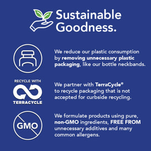 Emagene Life sustainability banner highlighting reduced plastic, TerraCycle recycling, non-GMO products.