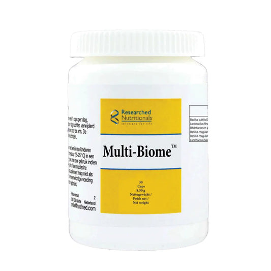 Researched Nutritionals Multi-Biome probiotic supplement bottle, 30 capsules