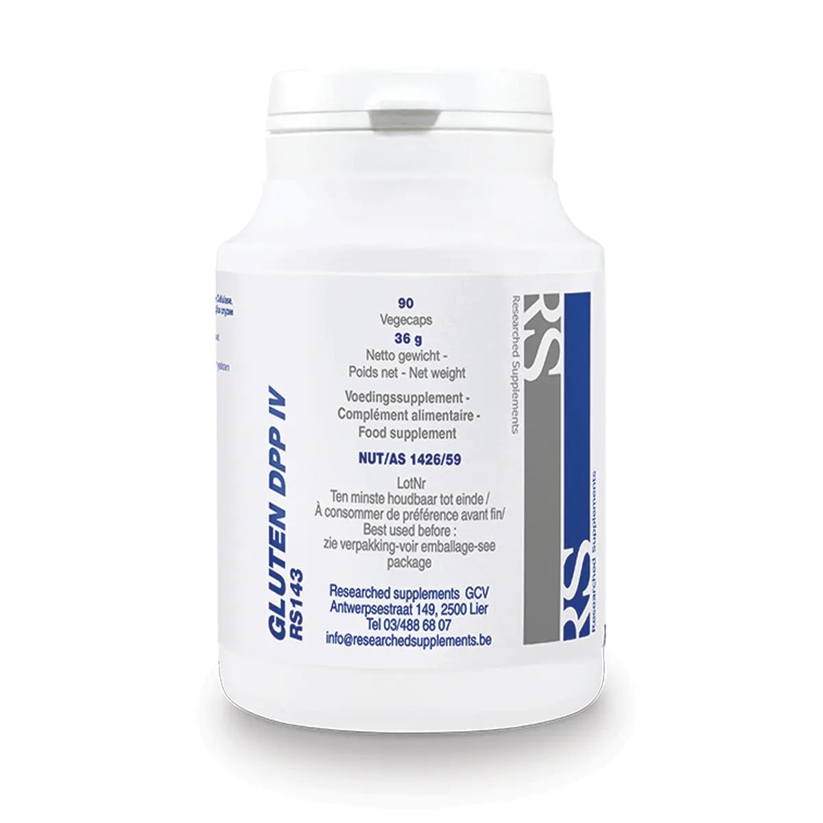 RS Gluten DPP IV food supplement bottle, 90 vegecaps, white label with blue and grey text