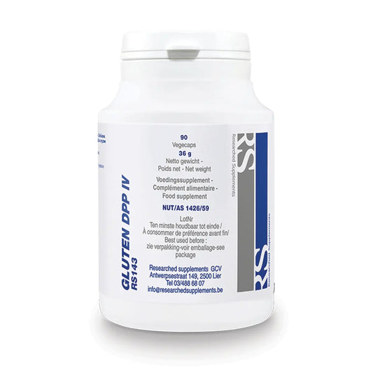 RS Gluten DPP IV food supplement bottle, 90 vegecaps, white label with blue and grey text
