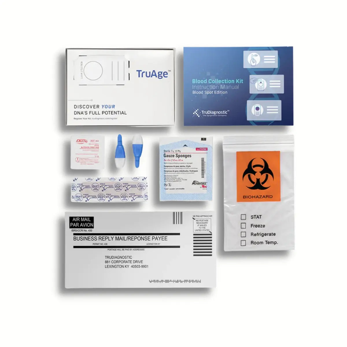 Emagene Life functional medicine blood collection kit with TruAge DNA test, gauze, lancets, biohazard bag, and instructions.